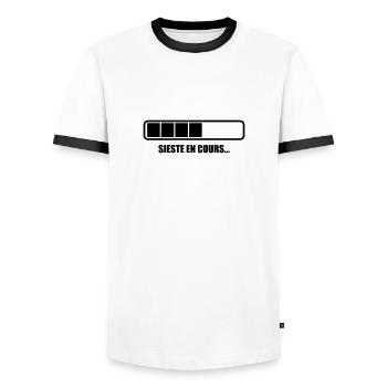 Sieste en cours - Humour - Drôle - Blague - Fun - T-shirt contrasté Homme - blanc/noir - Devant - AI Model Female 172 light (172cm) & AI Model Male 178 dark (178cm)