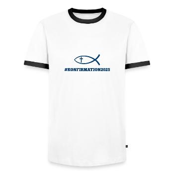#Konfirmation2025 Konfirmation 2025 Fisch Kreuz - Männer Kontrast-T-Shirt - Weiß/Schwarz - Vorne - AI Model Female 172 light (172cm) & AI Model Male 178 dark (178cm)