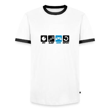 text buttons eat sleep game repeat repeat food hun - Men's Ringer Shirt - white/black - Front - AI Model Female 172 light (172cm) & AI Model Male 178 dark (178cm)