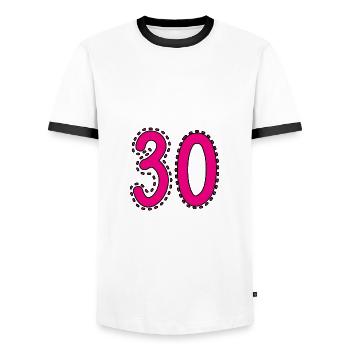 30. 30 YEARS. 30th ANNIVERSARY. 30 YEARS ANNIVERSARY. - Men's Ringer Shirt - white/black - Front - AI Model Female 172 light (172cm) & AI Model Male 178 dark (178cm)