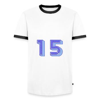 15. 15 YEARS. 15th ANNIVERSARY. 15 YEAR ANNIVERSARY. - Men's Ringer Shirt - white/black - Front - AI Model Female 172 light (172cm) & AI Model Male 178 dark (178cm)
