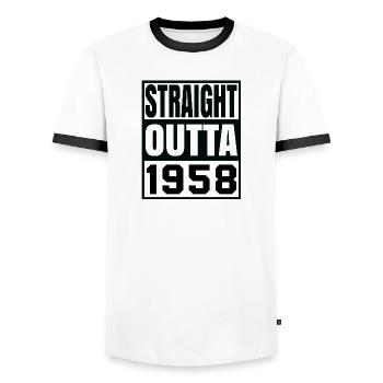 STRAIGHT OUTTA 1958 - Männer Kontrast-T-Shirt - Weiß/Schwarz - Vorne - AI Model Female 172 light (172cm) & AI Model Male 178 dark (178cm)