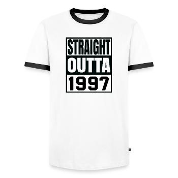 Straight Outta 1997 - Men's Ringer Shirt - white/black - Front - AI Model Female 172 light (172cm) & AI Model Male 178 dark (178cm)
