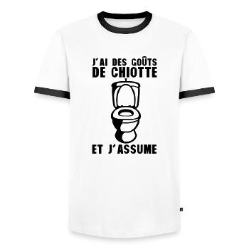 gout chiotte assume toilette wc citation - T-shirt contrasté Homme - blanc/noir - Devant - AI Model Female 172 light (172cm) & AI Model Male 178 dark (178cm)