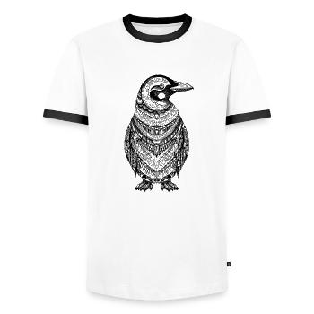 Cool penguin with boho ethno patterns in black - Men's Ringer Shirt - white/black - Front - AI Model Female 172 light (172cm) & AI Model Male 178 dark (178cm)