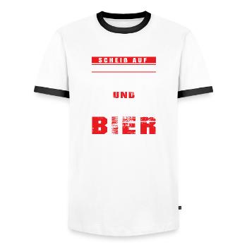 Scheiß auf die menschheit ich glaube nur an Bier - Männer Kontrast-T-Shirt - Weiß/Schwarz - Vorne - AI Model Female 172 light (172cm) & AI Model Male 178 dark (178cm)