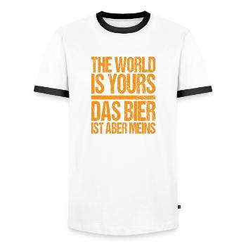 The World is yours das Bier ist aber meins - Männer Kontrast-T-Shirt - Weiß/Schwarz - Vorne - AI Model Female 172 light (172cm) & AI Model Male 178 dark (178cm)
