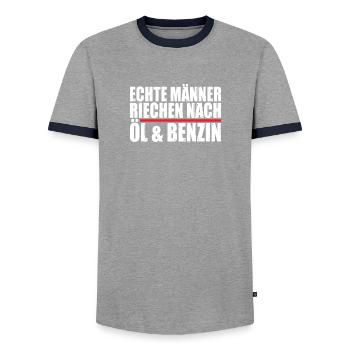 Echte Männer riechen nach Öl und Benzin - Männer Kontrast-T-Shirt - Grau/Navy  - Vorne - AI Model Female 172 light (172cm) & AI Model Male 178 light (178cm)