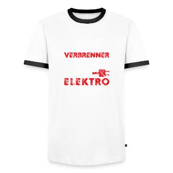Mein Verbrenner rennt Dein elektro brennt - Männer Kontrast-T-Shirt - Weiß/Schwarz - Vorne - AI Model Female 172 light (172cm) & AI Model Male 178 dark (178cm)