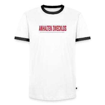 Anhalten Zwecklos Alles Eingetragen - Männer Kontrast-T-Shirt - Weiß/Schwarz - Vorne - AI Model Female 172 light (172cm) & AI Model Male 178 dark (178cm)