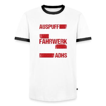 Auspuff und Anlage zu laut Fahrwerk zu tief - Männer Kontrast-T-Shirt - Weiß/Schwarz - Vorne - AI Model Female 172 light (172cm) & AI Model Male 178 dark (178cm)