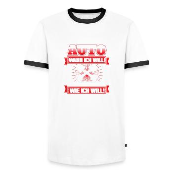ich schraube am Auto wann wo wie ich will - Männer Kontrast-T-Shirt - Weiß/Schwarz - Vorne - AI Model Female 172 light (172cm) & AI Model Male 178 dark (178cm)