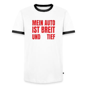 Mein Auto ist Breit und Tief - Männer Kontrast-T-Shirt - Weiß/Schwarz - Vorne - AI Model Female 172 light (172cm) & AI Model Male 178 dark (178cm)