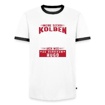 Meine Sechs kolben der biturbo knallen dich weg - Männer Kontrast-T-Shirt - Weiß/Schwarz - Vorne - AI Model Female 172 light (172cm) & AI Model Male 178 dark (178cm)