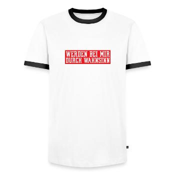 Fehlende PS werden bei mir durch Wahnsinn ersetzt - Männer Kontrast-T-Shirt - Weiß/Schwarz - Vorne - AI Model Female 172 light (172cm) & AI Model Male 178 dark (178cm)