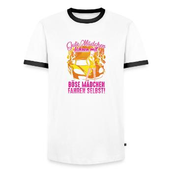 Gute Mädchen fahren mit Böse Mädchen fahren selbst - Männer Kontrast-T-Shirt - Weiß/Schwarz - Vorne - AI Model Female 172 light (172cm) & AI Model Male 178 dark (178cm)