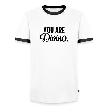 You Are Divine. - Men's Ringer Shirt - white/black - Front - AI Model Female 172 light (172cm) & AI Model Male 178 dark (178cm)