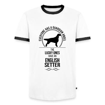 DEUTSCH SETTER Guardian Angel Dog Saying Wilsigns - Men's Ringer Shirt - white/black - Front - AI Model Female 172 light (172cm) & AI Model Male 178 dark (178cm)