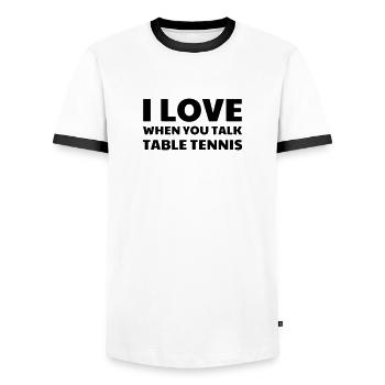 Table Tennis - Ping Pong - Sport - Racket - Ball - Men's Ringer Shirt - white/black - Front - AI Model Female 172 light (172cm) & AI Model Male 178 dark (178cm)