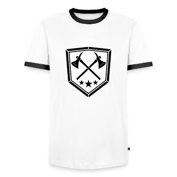 shield black 2 cross ax ax chopper lumberjack wood - Men's Ringer Shirt - white/black - Front - AI Model Female 172 light (172cm) & AI Model Male 178 dark (178cm)