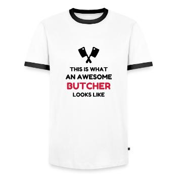 boucher / boucherie / charcutier / viande - T-shirt contrasté Homme - blanc/noir - Devant - AI Model Female 172 light (172cm) & AI Model Male 178 dark (178cm)