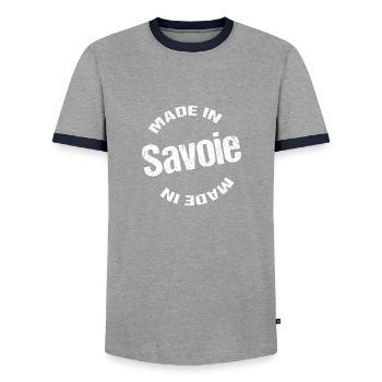 Made in Savoie blanc - T-shirt contrasté Homme - gris/marine  - Devant - AI Model Female 172 light (172cm) & AI Model Male 178 light (178cm)