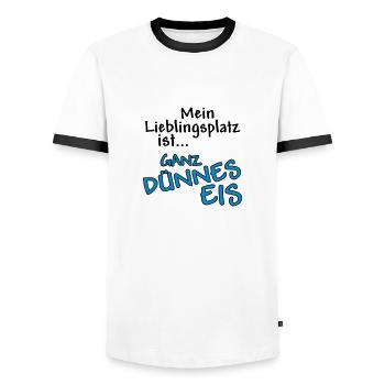 Mein Lieblingsplatz ist ... Ganz dünnes Eis - Männer Kontrast-T-Shirt - Weiß/Schwarz - Vorne - AI Model Female 172 light (172cm) & AI Model Male 178 dark (178cm)