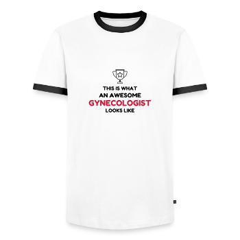 Gynecologist Gynécologue Gynäkologe Médecine - Men's Ringer Shirt - white/black - Front - AI Model Female 172 light (172cm) & AI Model Male 178 dark (178cm)