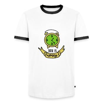 TIME IS MONEY GOLD SHARES GOLD LOVE DEAR MOTIF - Men's Ringer Shirt - white/black - Front - AI Model Female 172 light (172cm) & AI Model Male 178 dark (178cm)