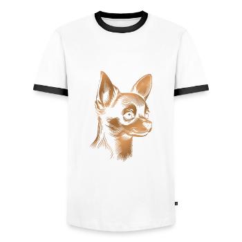 Chihuahua, Shorthair, Dog Head, Drawing bronze - Men's Ringer Shirt - white/black - Front - AI Model Female 172 light (172cm) & AI Model Male 178 dark (178cm)