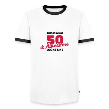 50 Birthday - Men's Ringer Shirt - white/black - Front - AI Model Female 172 light (172cm) & AI Model Male 178 dark (178cm)