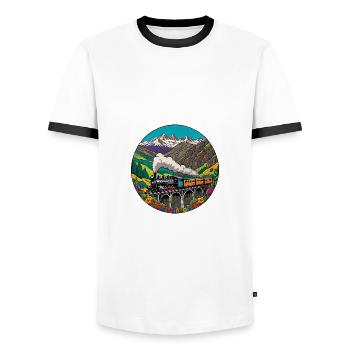 Colorful nostalgic railway train with steam locomotive - Men's Ringer Shirt - white/black - Front - AI Model Female 172 light (172cm) & AI Model Male 178 dark (178cm)