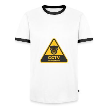 Symbolsymbol für Überwachungskameras in Verwendung. Stationäre Videoüberwachung - Männer Kontrast-T-Shirt - Weiß/Schwarz - Vorne - AI Model Female 172 light (172cm) & AI Model Male 178 dark (178cm)