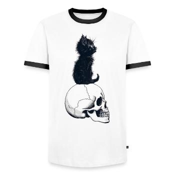 Chaton mignon assis sur un crâne - T-shirt contrasté Homme - blanc/noir - Devant - AI Model Female 172 light (172cm) & AI Model Male 178 dark (178cm)