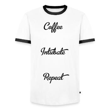 coffee intubate repeat - Men's Ringer Shirt - white/black - Front - AI Model Female 172 light (172cm) & AI Model Male 178 dark (178cm)