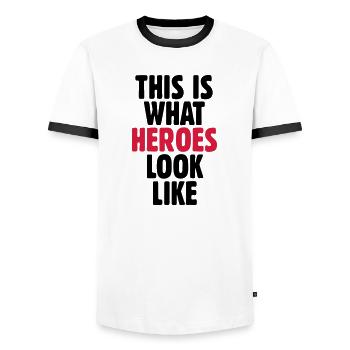 This is what heroes look like - Men's Ringer Shirt - white/black - Front - AI Model Female 172 light (172cm) & AI Model Male 178 dark (178cm)