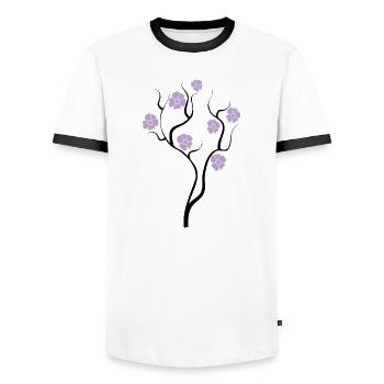 Tree with purple flowers - Creative illustration - Men's Ringer Shirt - white/black - Front - AI Model Female 172 light (172cm) & AI Model Male 178 dark (178cm)