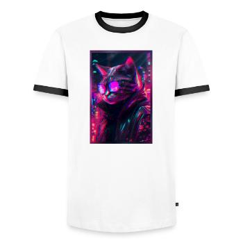 Techno Cat Japan Neon City Art - Men's Ringer Shirt - white/black - Front - AI Model Female 172 light (172cm) & AI Model Male 178 dark (178cm)
