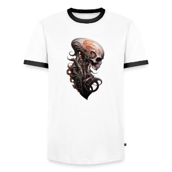 Alien Skull Spine Dark Fantasy Shirt - Men's Ringer Shirt - white/black - Front - AI Model Female 172 light (172cm) & AI Model Male 178 dark (178cm)