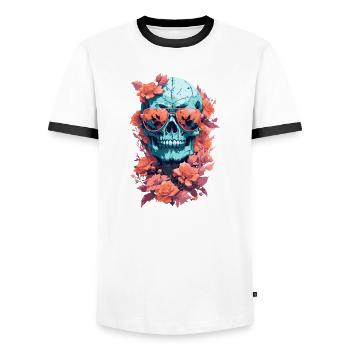 Totenschädel mit Brille und Herbstblumen - Männer Kontrast-T-Shirt - Weiß/Schwarz - Vorne - AI Model Female 172 light (172cm) & AI Model Male 178 dark (178cm)