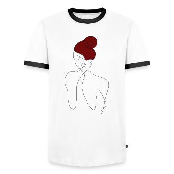 Elegant Womans back Line Art Style - with red hair - Männer Kontrast-T-Shirt - Weiß/Schwarz - Vorne - AI Model Female 172 light (172cm) & AI Model Male 178 dark (178cm)