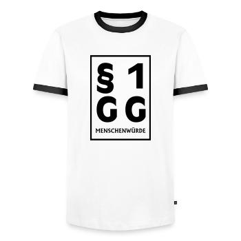 §1 GG Menschenwuerde (1c) - Männer Kontrast-T-Shirt - Weiß/Schwarz - Vorne - AI Model Female 172 light (172cm) & AI Model Male 178 dark (178cm)