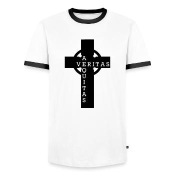 Cross out of the bloody path of God - Men's Ringer Shirt - white/black - Front - AI Model Female 172 light (172cm) & AI Model Male 178 dark (178cm)