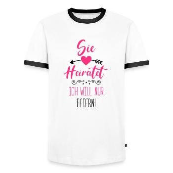 sie heiratet ich will nur feiern - Männer Kontrast-T-Shirt - Weiß/Schwarz - Vorne - AI Model Female 172 light (172cm) & AI Model Male 178 dark (178cm)