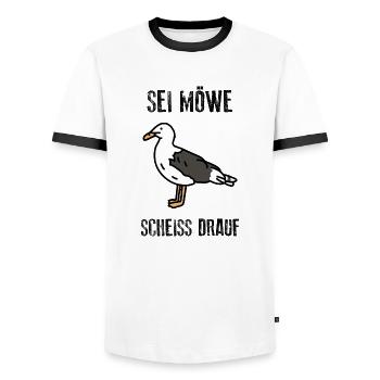 Sei Möwe - scheiss drauf - Norddeutsch Küste - Männer Kontrast-T-Shirt - Weiß/Schwarz - Vorne - AI Model Female 172 light (172cm) & AI Model Male 178 dark (178cm)