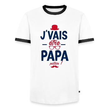 Je vais être papa. Putain ! futur papa ,futur père - T-shirt contrasté Homme - blanc/noir - Devant - AI Model Female 172 light (172cm) & AI Model Male 178 dark (178cm)