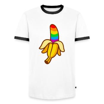 LGBT Rainbow Gay Heart Homosexuality - Men's Ringer Shirt - white/black - Front - AI Model Female 172 light (172cm) & AI Model Male 178 dark (178cm)