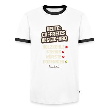 Veggie BBQ CO2-neutral ohne Fleisch und Holzkohle - Männer Kontrast-T-Shirt - Weiß/Schwarz - Vorne - AI Model Female 172 light (172cm) & AI Model Male 178 dark (178cm)