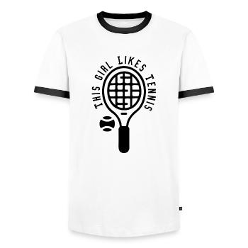 Girl Likes Tennis Ironic Saying Tennis Player - Men's Ringer Shirt - white/black - Front - AI Model Female 172 light (172cm) & AI Model Male 178 dark (178cm)