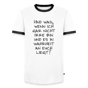 Wer ist jetzt irre? - Männer Kontrast-T-Shirt - Weiß/Schwarz - Vorne - AI Model Female 172 light (172cm) & AI Model Male 178 dark (178cm)
